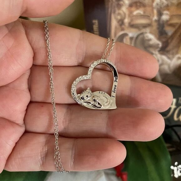 “I Love You” Cat Mother Child CZ Heart Sterling Silver Necklace - Picture 1 of 3